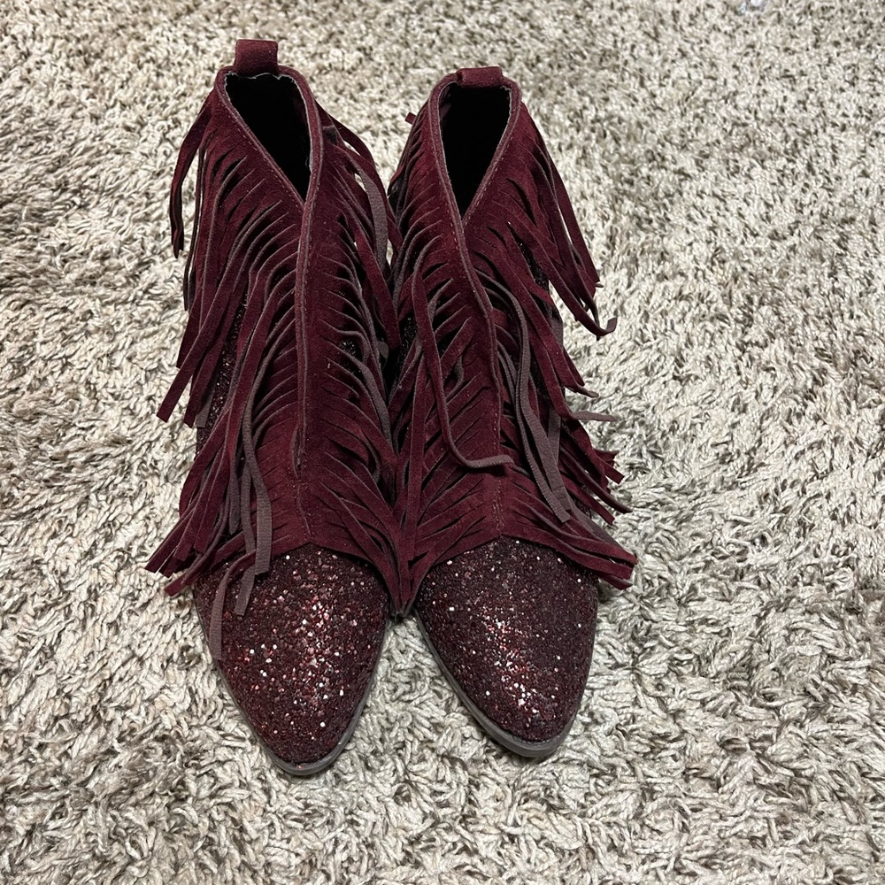 Maroon glitter and fringe bootie heels